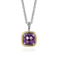 14K Yellow Gold and 925 Sterling Silver Bujukan Cushion Amethyst Pendant Necklace