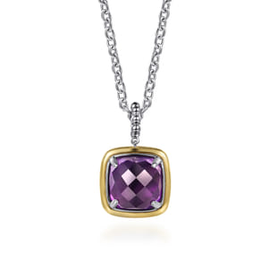 14K Yellow Gold and 925 Sterling Silver Bujukan Cushion Amethyst Pendant Necklace