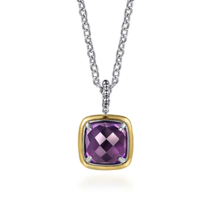 14K Yellow Gold and 925 Sterling Silver Bujukan Cushion Amethyst Pendant Necklace