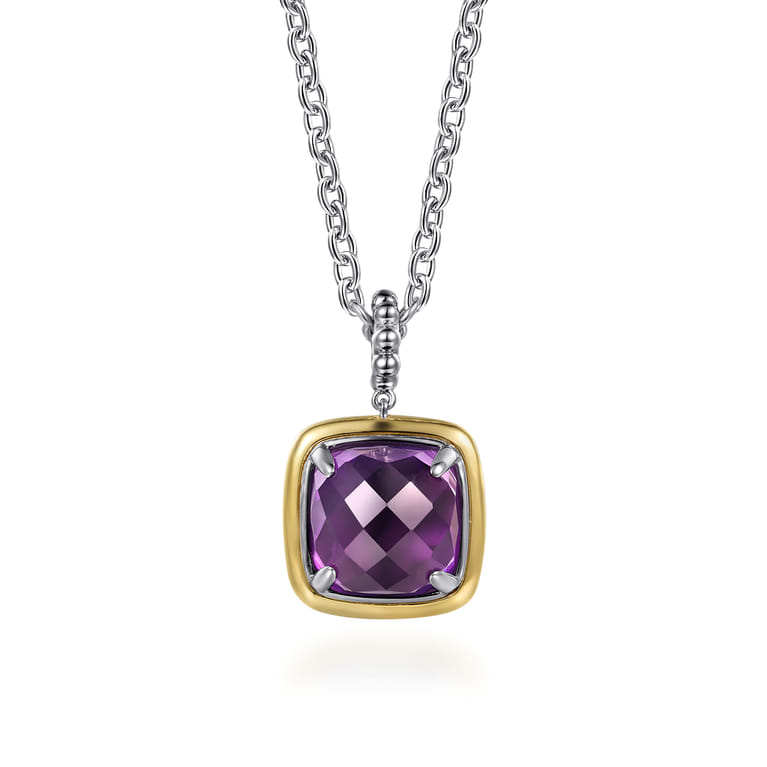 14K Yellow Gold and 925 Sterling Silver Bujukan Cushion Amethyst Pendant Necklace - Shot 1