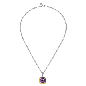 14K Yellow Gold and 925 Sterling Silver Bujukan Cushion Amethyst Pendant Necklace