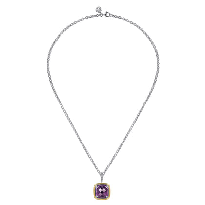 14K Yellow Gold and 925 Sterling Silver Bujukan Cushion Amethyst Pendant Necklace