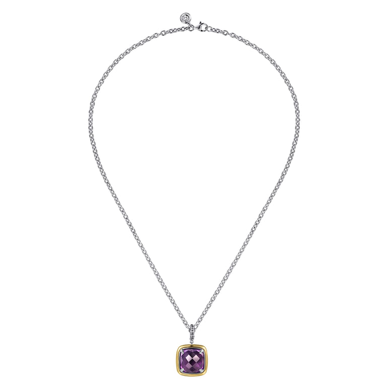14K Yellow Gold and 925 Sterling Silver Bujukan Cushion Amethyst Pendant Necklace - Shot 2
