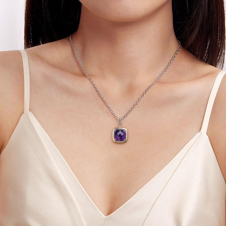 14K Yellow Gold and 925 Sterling Silver Bujukan Cushion Amethyst Pendant Necklace