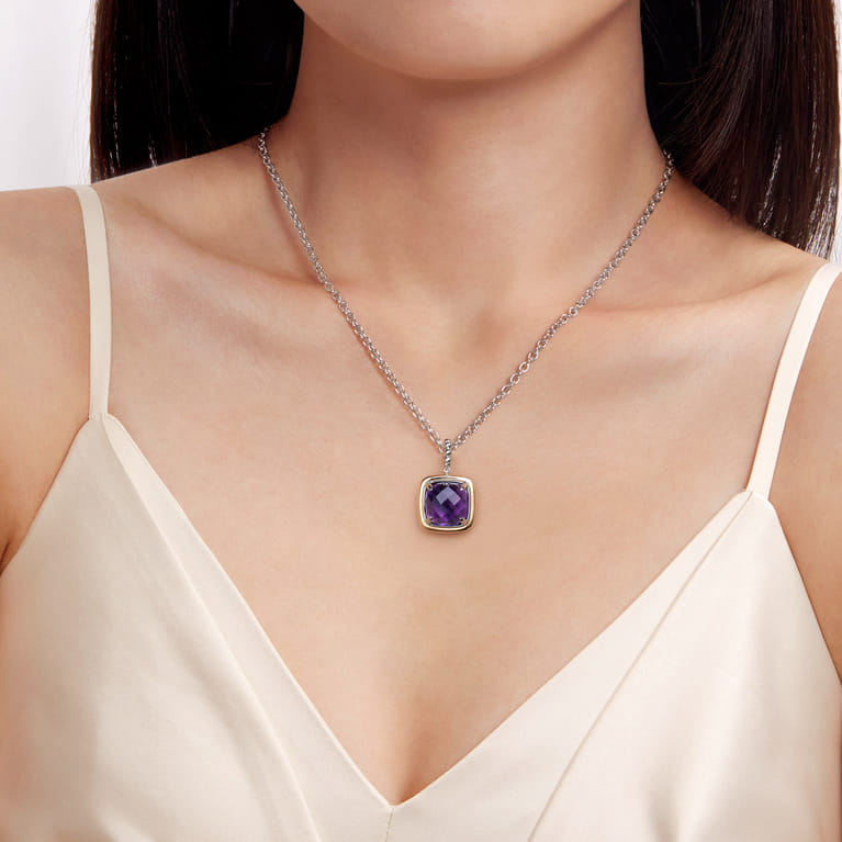 14K Yellow Gold and 925 Sterling Silver Bujukan Cushion Amethyst Pendant Necklace - Shot 3