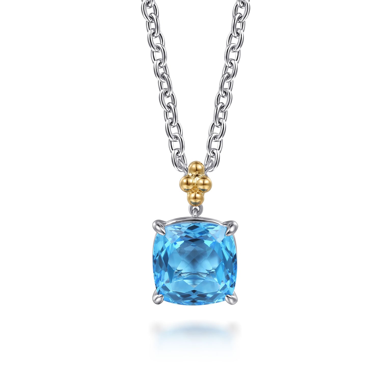 14K Yellow Gold and 925 Sterling Silver Bujukan Cushion Blue Topaz Pendant Necklace