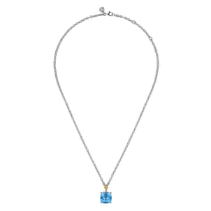 14K Yellow Gold and 925 Sterling Silver Bujukan Cushion Blue Topaz Pendant Necklace