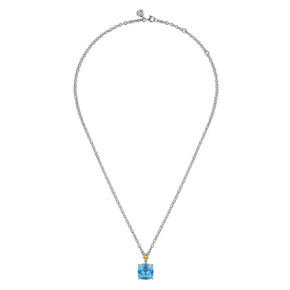 14K Yellow Gold and 925 Sterling Silver Bujukan Cushion Blue Topaz Pendant Necklace