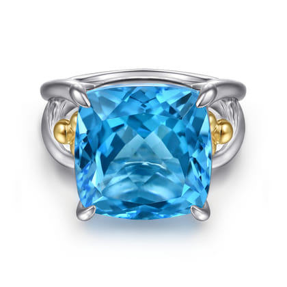14K Yellow Gold and 925 Sterling Silver Bujukan Cushion Blue Topaz Signet Ring