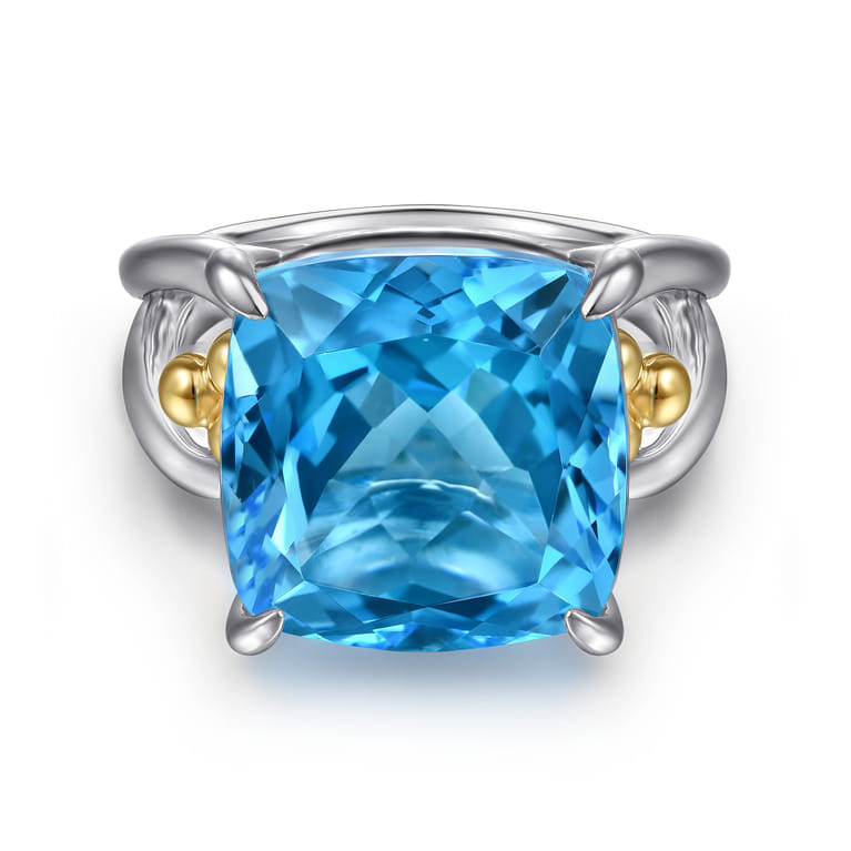 14K Yellow Gold and 925 Sterling Silver Bujukan Cushion Blue Topaz Signet Ring - Shot 1