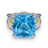 14K Yellow Gold and 925 Sterling Silver Bujukan Cushion Blue Topaz Signet Ring