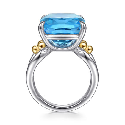 14K Yellow Gold and 925 Sterling Silver Bujukan Cushion Blue Topaz Signet Ring