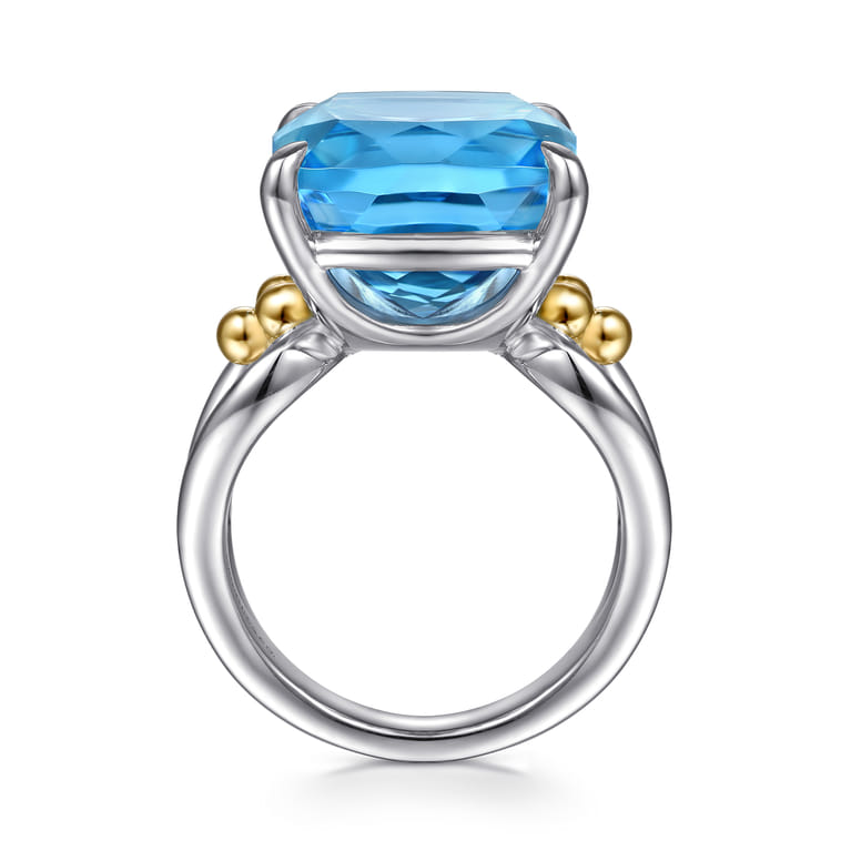 14K Yellow Gold and 925 Sterling Silver Bujukan Cushion Blue Topaz Signet Ring - Shot 2