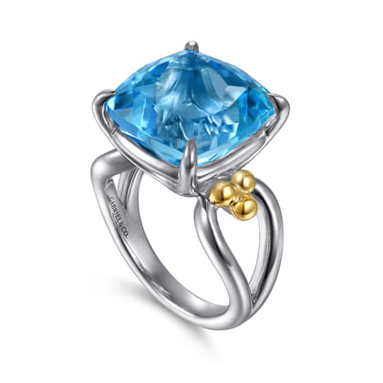 14K Yellow Gold and 925 Sterling Silver Bujukan Cushion Blue Topaz Signet Ring
