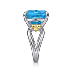 14K Yellow Gold and 925 Sterling Silver Bujukan Cushion Blue Topaz Signet Ring
