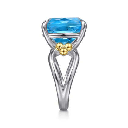 14K Yellow Gold and 925 Sterling Silver Bujukan Cushion Blue Topaz Signet Ring