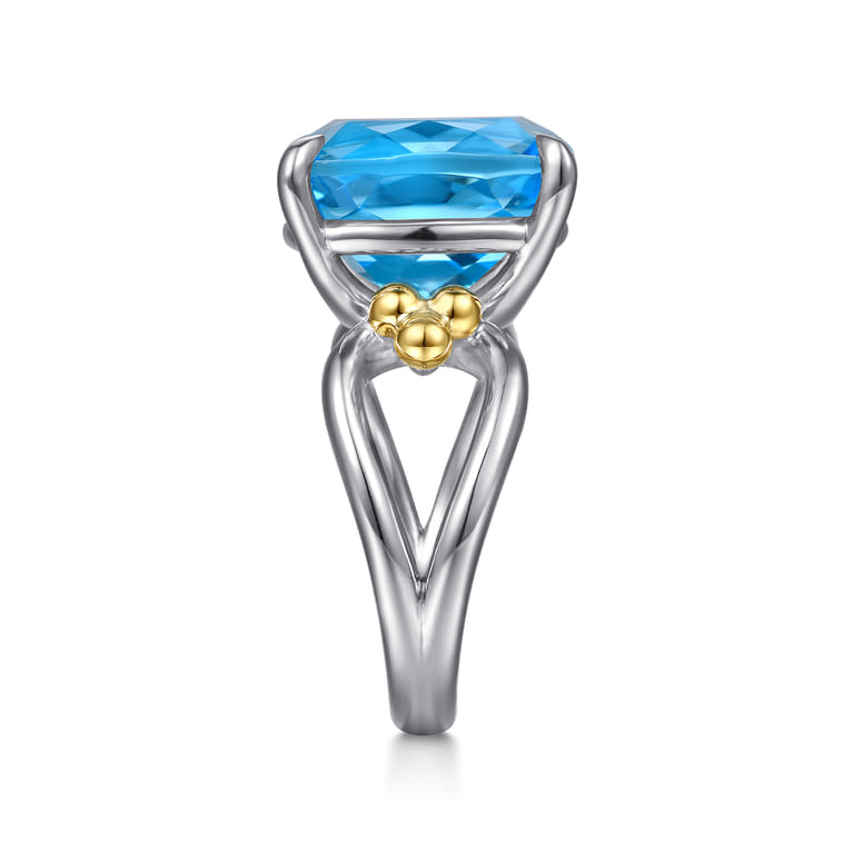 14K Yellow Gold and 925 Sterling Silver Bujukan Cushion Blue Topaz Signet Ring - Shot 4