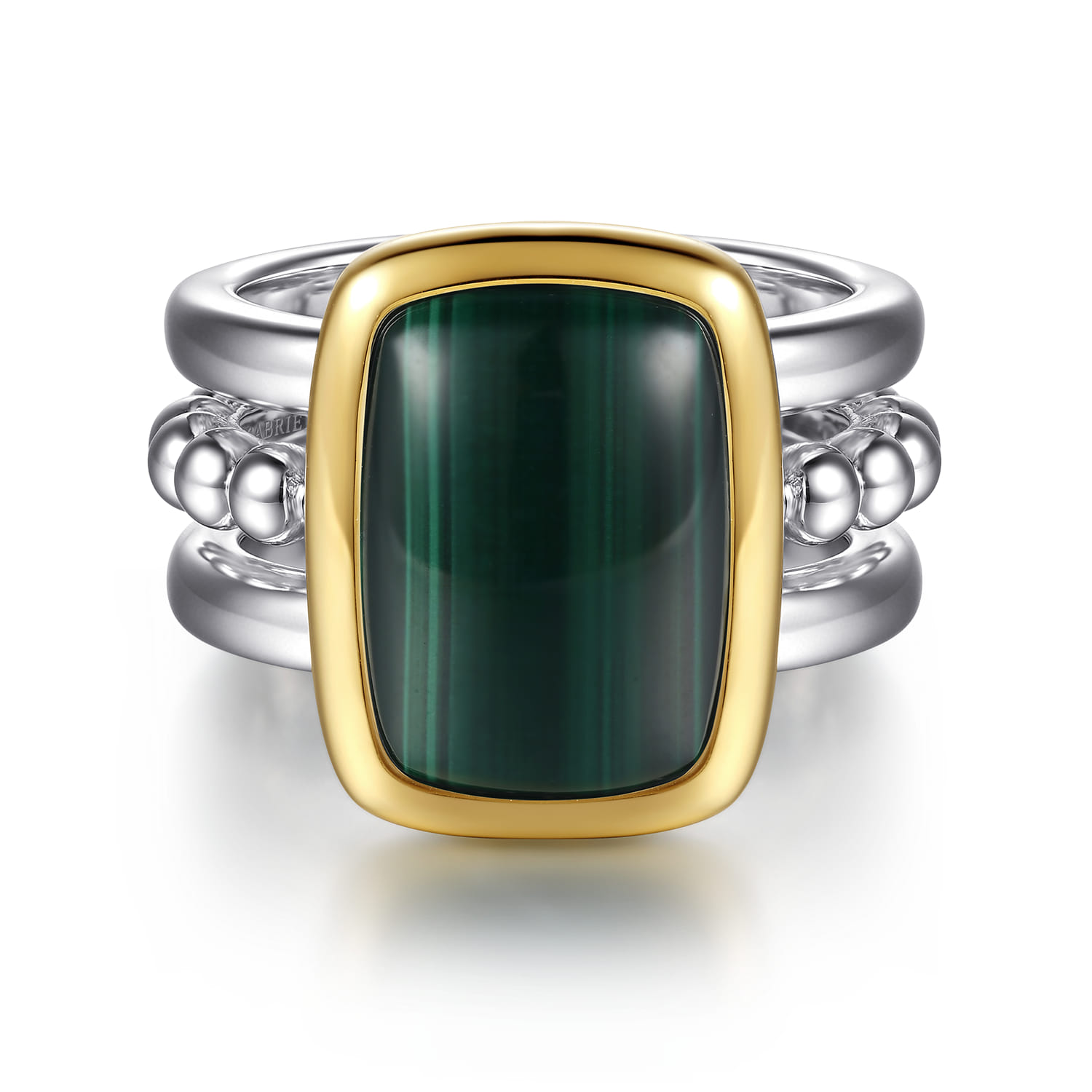 14K Yellow Gold and 925 Sterling Silver Bujukan Elongated Cushion Malachite Cocktail Ring - Shot 1