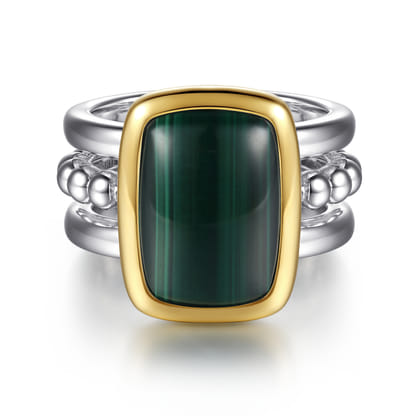 14K Yellow Gold and 925 Sterling Silver Bujukan Elongated Cushion Malachite Cocktail Ring