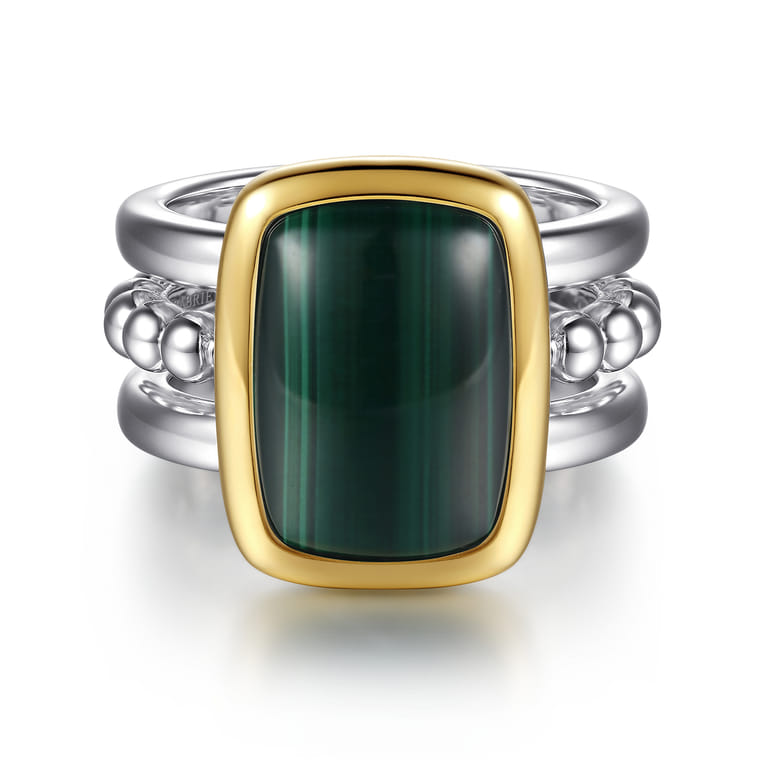 14K Yellow Gold and 925 Sterling Silver Bujukan Elongated Cushion Malachite Cocktail Ring - Shot 1