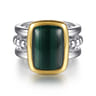 14K Yellow Gold and 925 Sterling Silver Bujukan Elongated Cushion Malachite Cocktail Ring