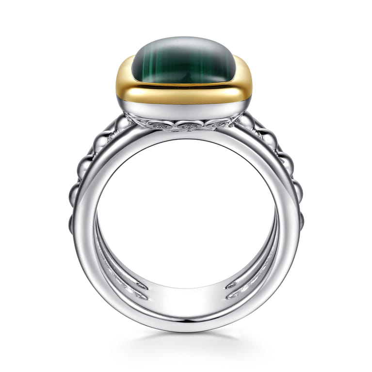 14K Yellow Gold and 925 Sterling Silver Bujukan Elongated Cushion Malachite Cocktail Ring - Shot 2