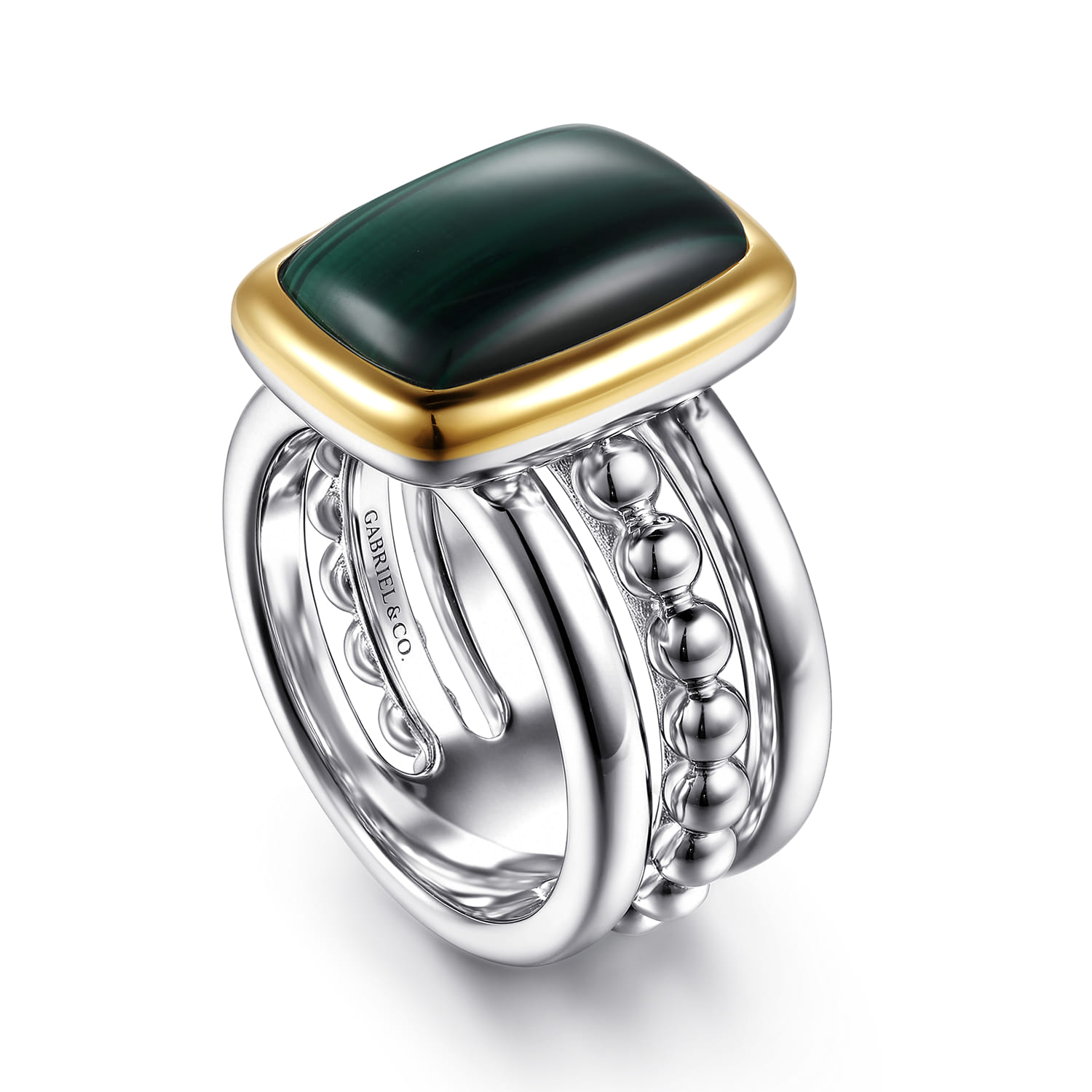 14K Yellow Gold and 925 Sterling Silver Bujukan Elongated Cushion Malachite Cocktail Ring - Shot 3