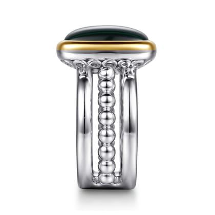 14K Yellow Gold and 925 Sterling Silver Bujukan Elongated Cushion Malachite Cocktail Ring