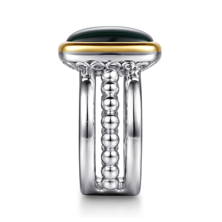 14K Yellow Gold and 925 Sterling Silver Bujukan Elongated Cushion Malachite Cocktail Ring - Shot 4