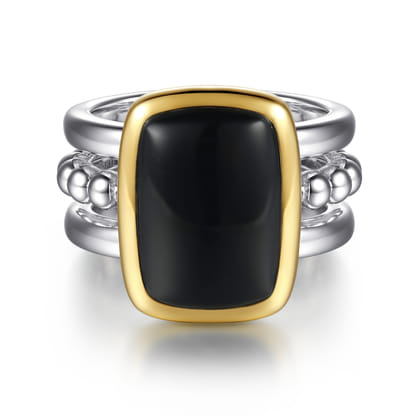 14K Yellow Gold and 925 Sterling Silver Bujukan Elongated Cushion Onyx Cocktail Ring