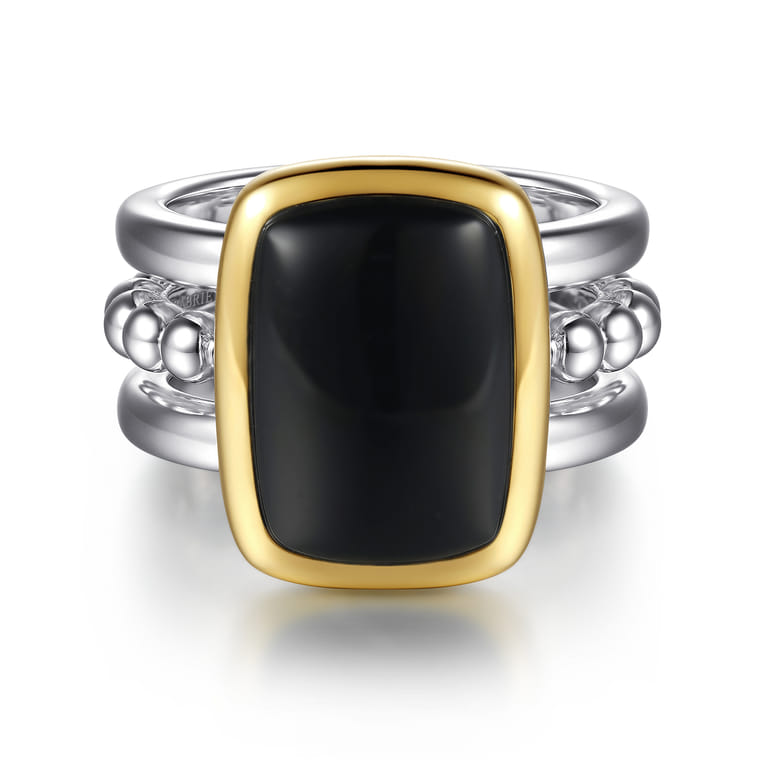 14K Yellow Gold and 925 Sterling Silver Bujukan Elongated Cushion Onyx Cocktail Ring - Shot 1