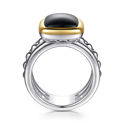 14K Yellow Gold and 925 Sterling Silver Bujukan Elongated Cushion Onyx Cocktail Ring