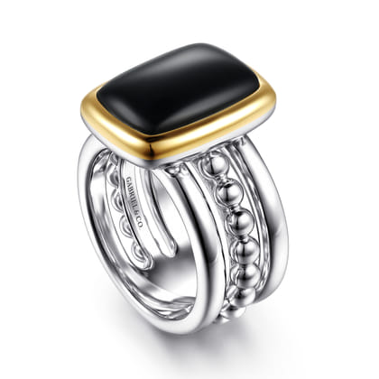 14K Yellow Gold and 925 Sterling Silver Bujukan Elongated Cushion Onyx Cocktail Ring