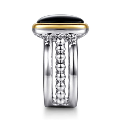 14K Yellow Gold and 925 Sterling Silver Bujukan Elongated Cushion Onyx Cocktail Ring