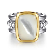 14K Yellow Gold and 925 Sterling Silver Bujukan Elongated Cushion White Mother of Pearl Cocktail Ring