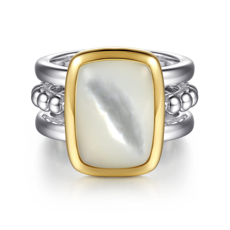 14K Yellow Gold and 925 Sterling Silver Bujukan Elongated Cushion White Mother of Pearl Cocktail Ring - Shot 1