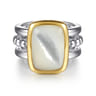 14K Yellow Gold and 925 Sterling Silver Bujukan Elongated Cushion White Mother of Pearl Cocktail Ring