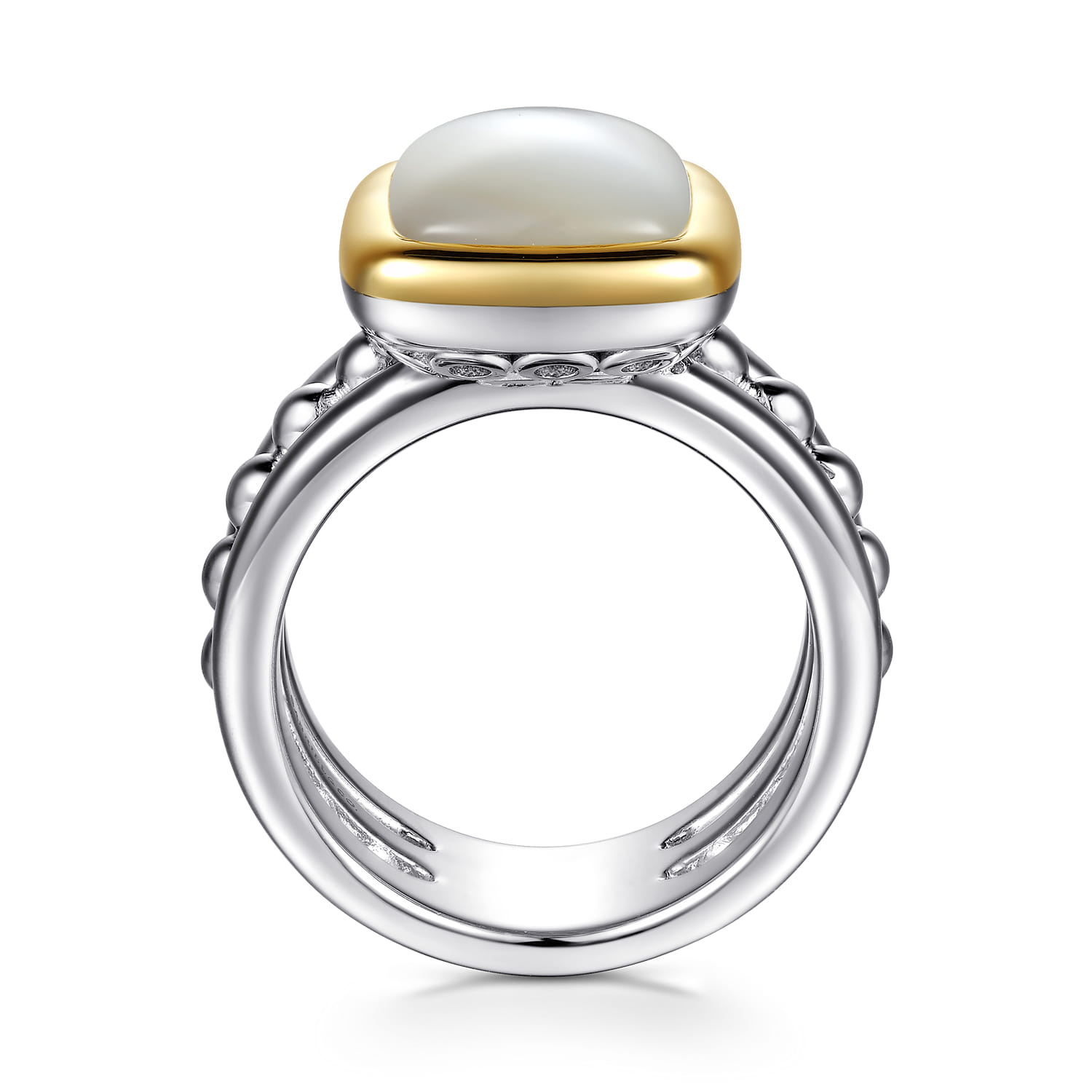 14K Yellow Gold and 925 Sterling Silver Bujukan Elongated Cushion White Mother of Pearl Cocktail Ring - Shot 2