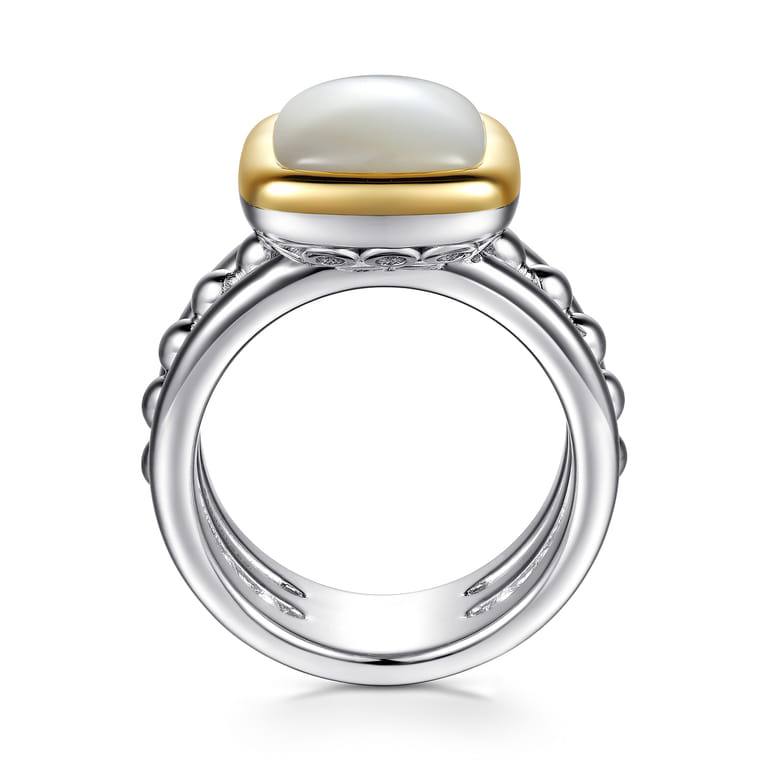 14K Yellow Gold and 925 Sterling Silver Bujukan Elongated Cushion White Mother of Pearl Cocktail Ring - Shot 2