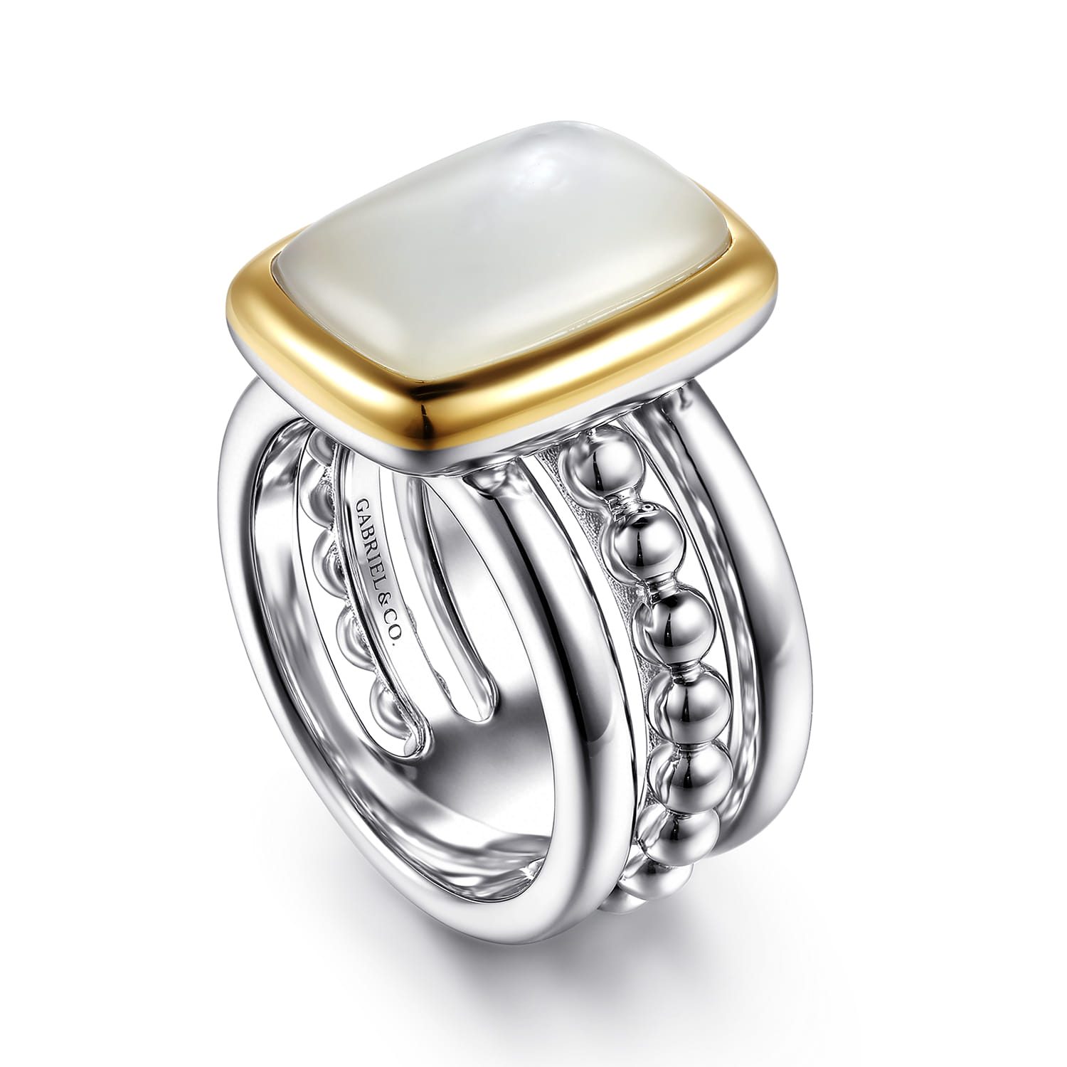 14K Yellow Gold and 925 Sterling Silver Bujukan Elongated Cushion White Mother of Pearl Cocktail Ring - Shot 3