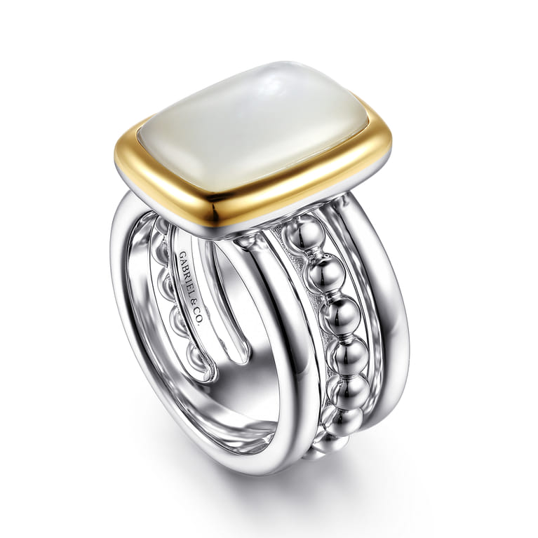 14K Yellow Gold and 925 Sterling Silver Bujukan Elongated Cushion White Mother of Pearl Cocktail Ring - Shot 3