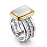 14K Yellow Gold and 925 Sterling Silver Bujukan Elongated Cushion White Mother of Pearl Cocktail Ring
