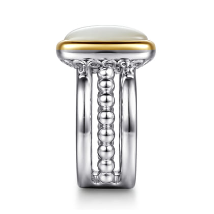 14K Yellow Gold and 925 Sterling Silver Bujukan Elongated Cushion White Mother of Pearl Cocktail Ring