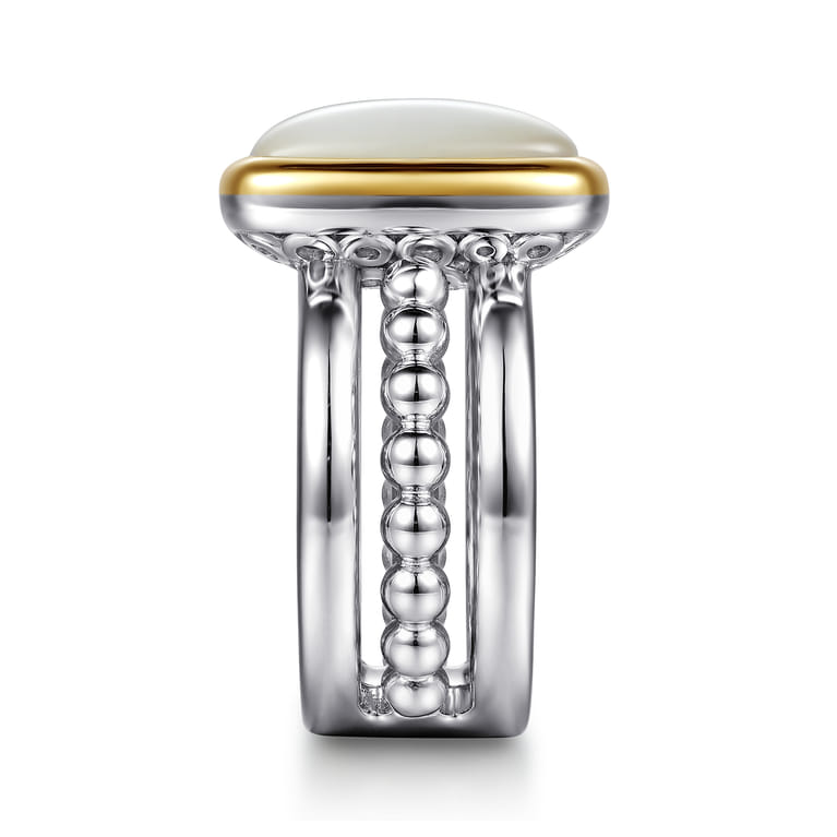 14K Yellow Gold and 925 Sterling Silver Bujukan Elongated Cushion White Mother of Pearl Cocktail Ring - Shot 4