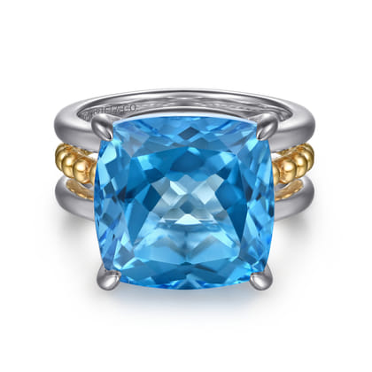 14K Yellow Gold and 925 Sterling Silver Bujukan Multi Rows Cushion Blue Topaz Cocktail Ring