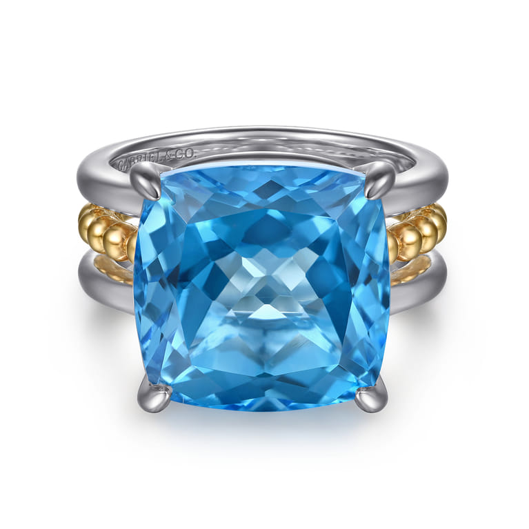 14K Yellow Gold and 925 Sterling Silver Bujukan Multi Rows Cushion Blue Topaz Cocktail Ring - Shot 1