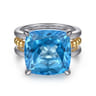 14K Yellow Gold and 925 Sterling Silver Bujukan Multi Rows Cushion Blue Topaz Cocktail Ring