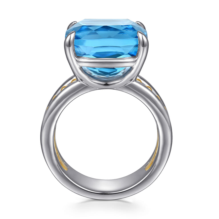 14K Yellow Gold and 925 Sterling Silver Bujukan Multi Rows Cushion Blue Topaz Cocktail Ring - Shot 2