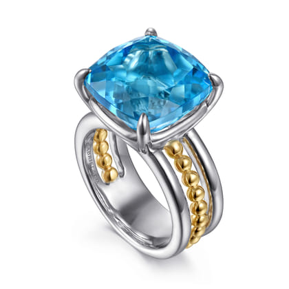 14K Yellow Gold and 925 Sterling Silver Bujukan Multi Rows Cushion Blue Topaz Cocktail Ring