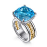 14K Yellow Gold and 925 Sterling Silver Bujukan Multi Rows Cushion Blue Topaz Cocktail Ring